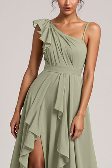 Chiffon Dusty Sage Bridesmaid Dress with Ruffles